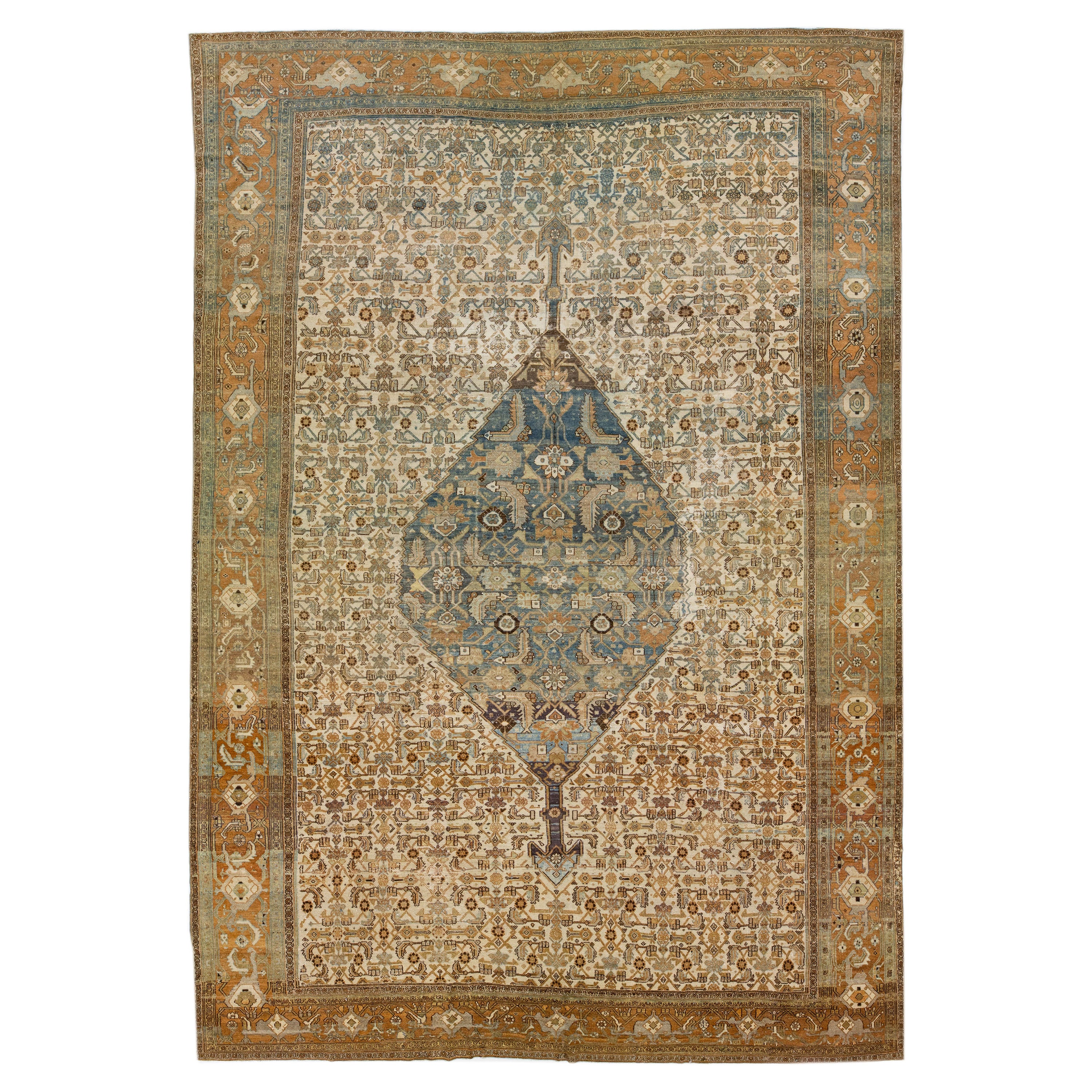 Allover Handmade 1900s Persian Malayer Wool Rug In Beige For Sale