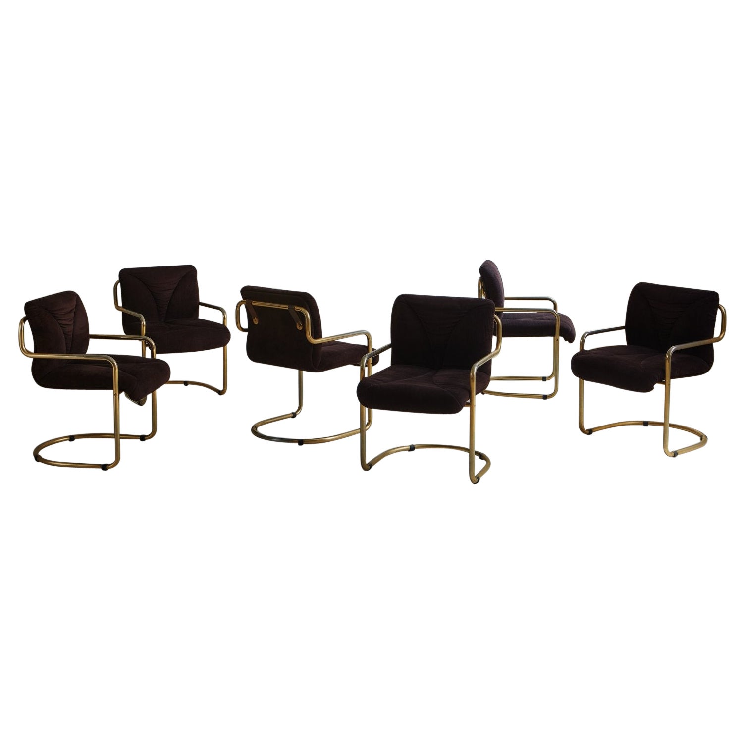 Set of 6 Brass + Brown Cantilevered Dining Chairs with Leather Straps, France