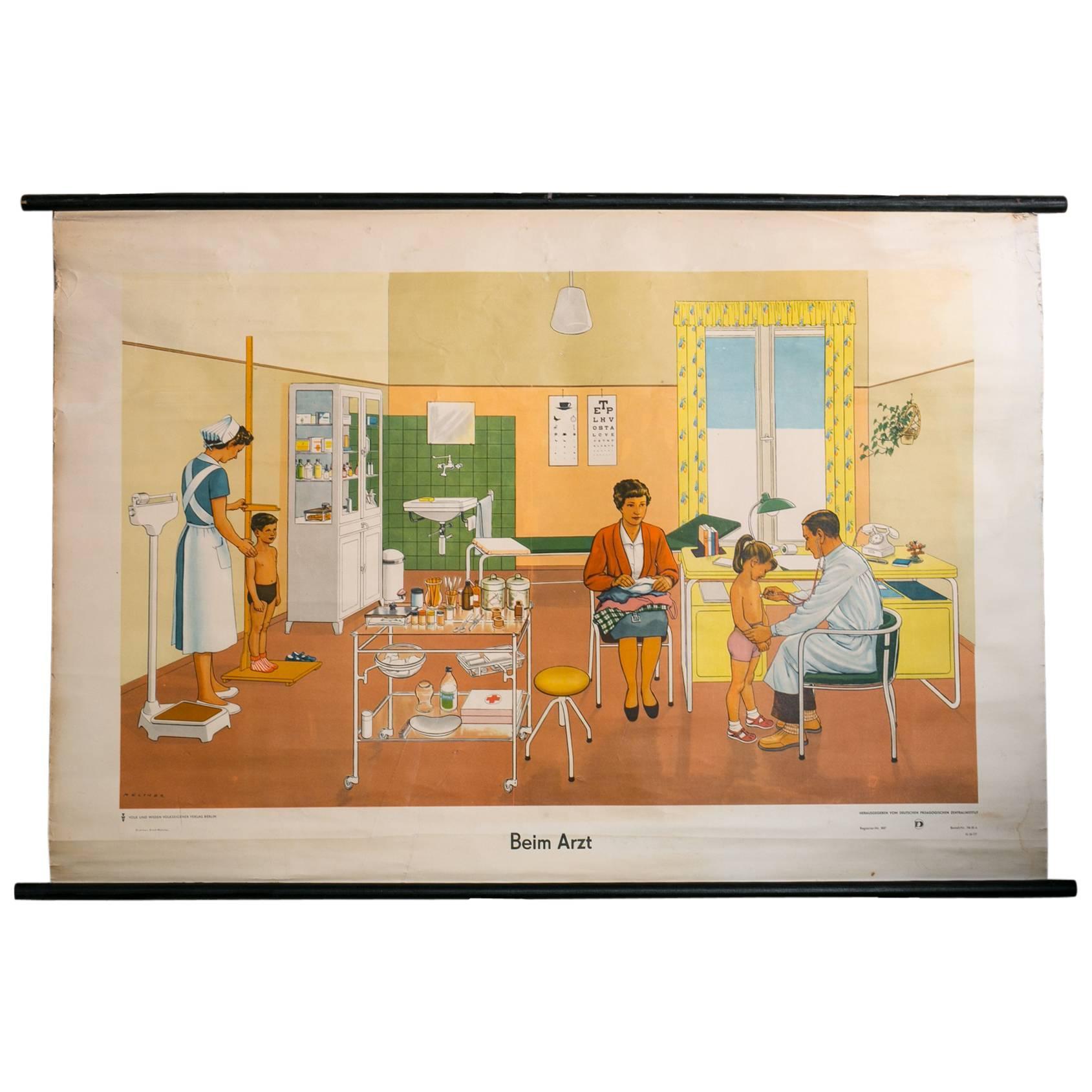 Set of Two German Charts, Children Visiting the Doctors Office, circa 1960