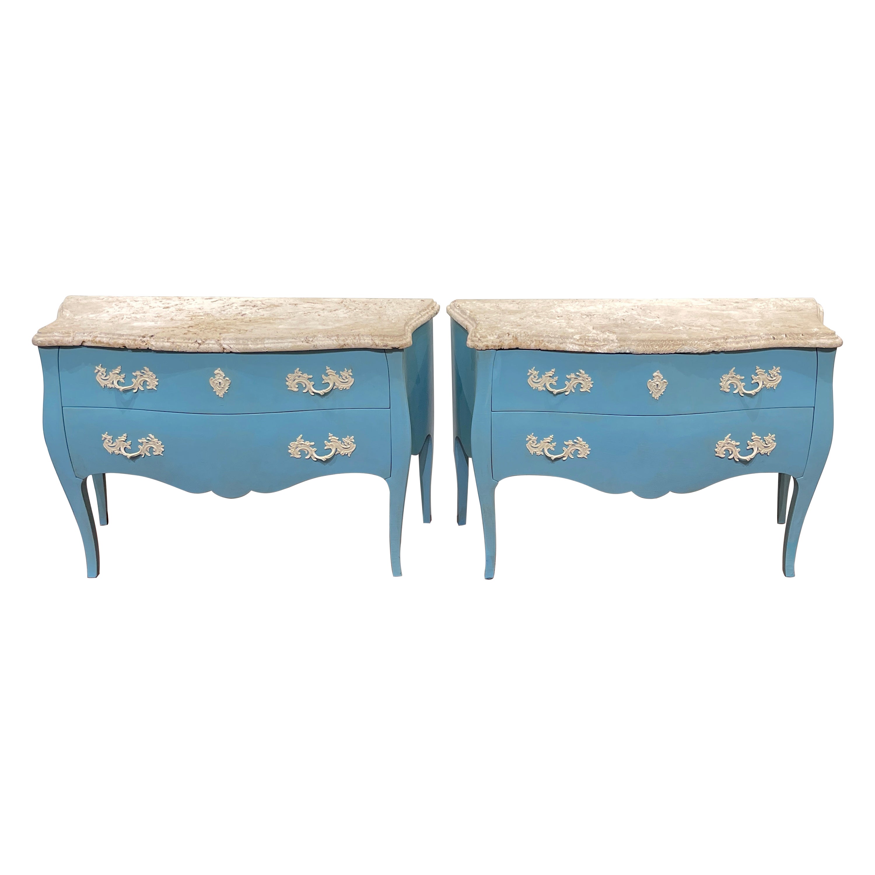 Pair of Turquoise Lacquered Commodes with Natural Coquina Stone