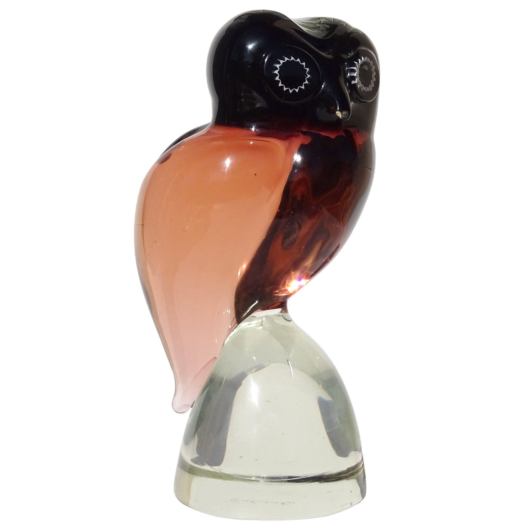 Salviati Murano Sommerso Merlot Red Peach Italian Art Glass Owl Bird Sculpture For Sale