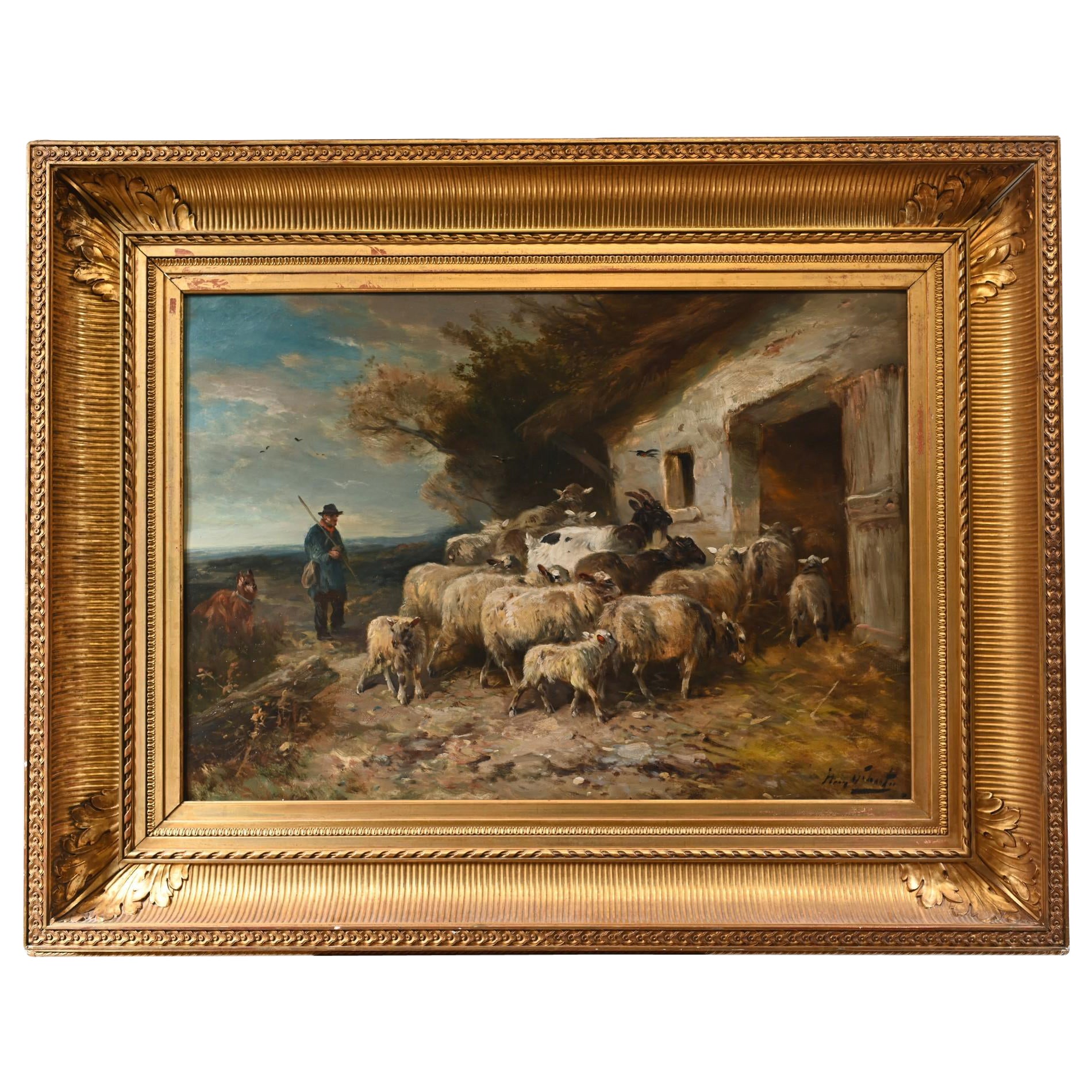 Oil Painting Shepherd Sheep Flock by Henry Schouten Belgium, 1890 For Sale