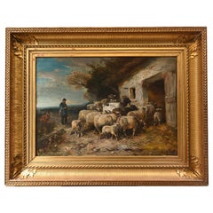 Antique Oil Painting Shepherd Sheep Flock by Henry Schouten Belgium, 1890