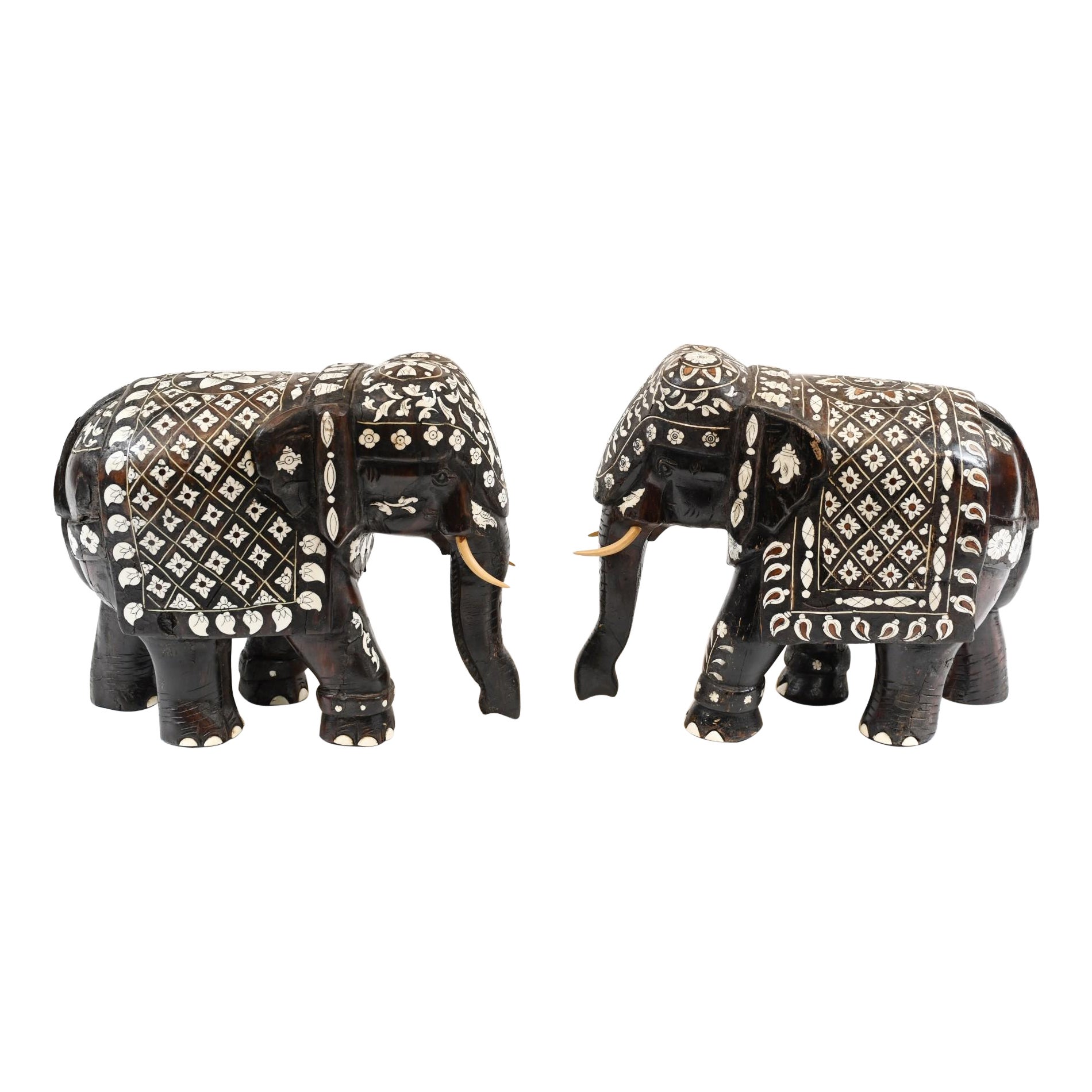 Pair Goan Indian Elephants Carved Hardwood Inlay, 1890