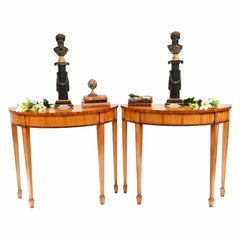 Retro Pair Regency Console Tables Satinwood Demi Lune Hall