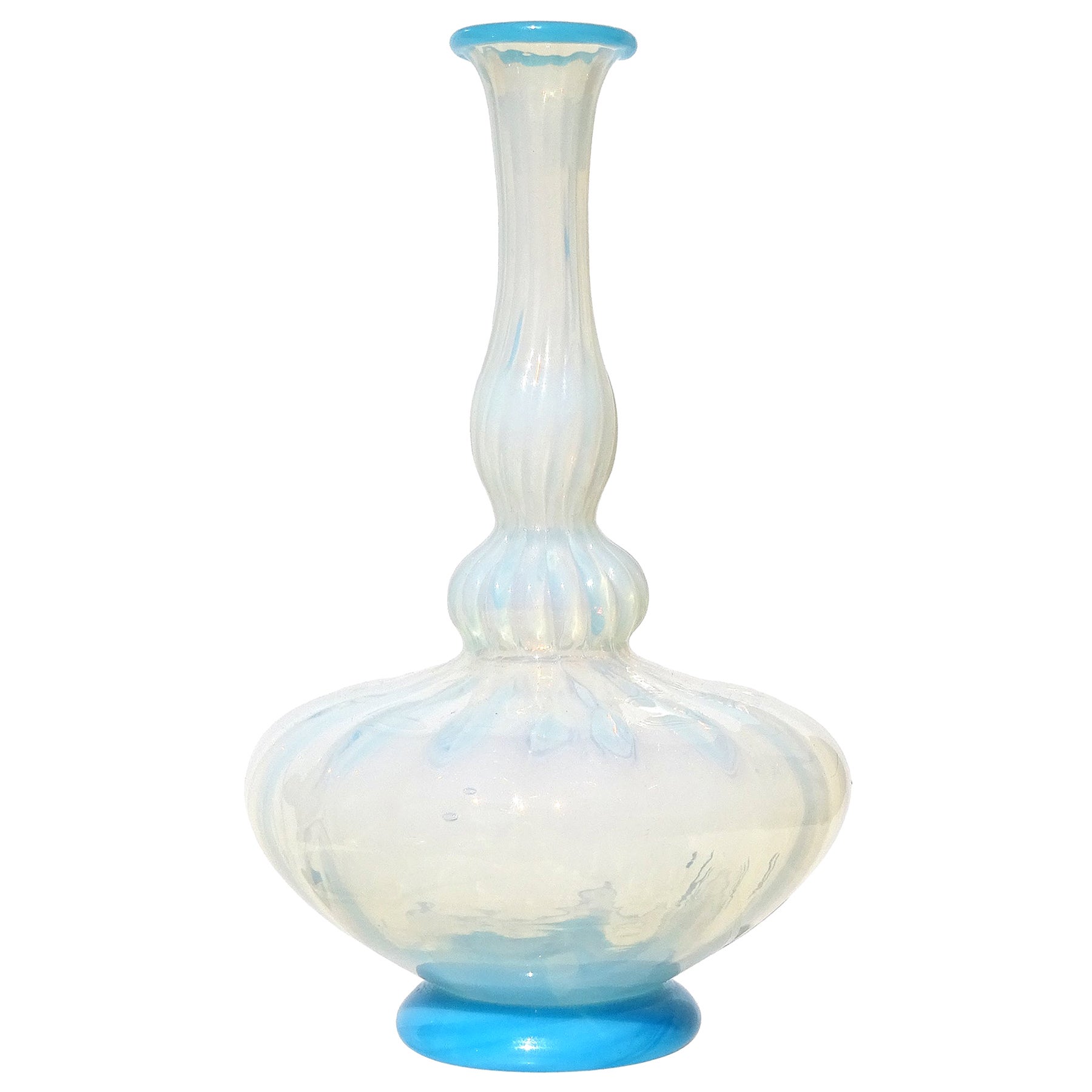 Antique Venetian Murano Blue Opalescent Italian Art Glass Pleated Flower Vase For Sale