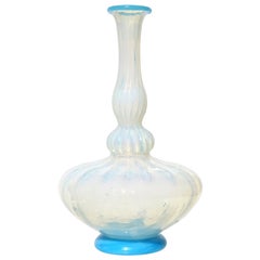 Vintage Venetian Murano Blue Opalescent Italian Art Glass Pleated Flower Vase