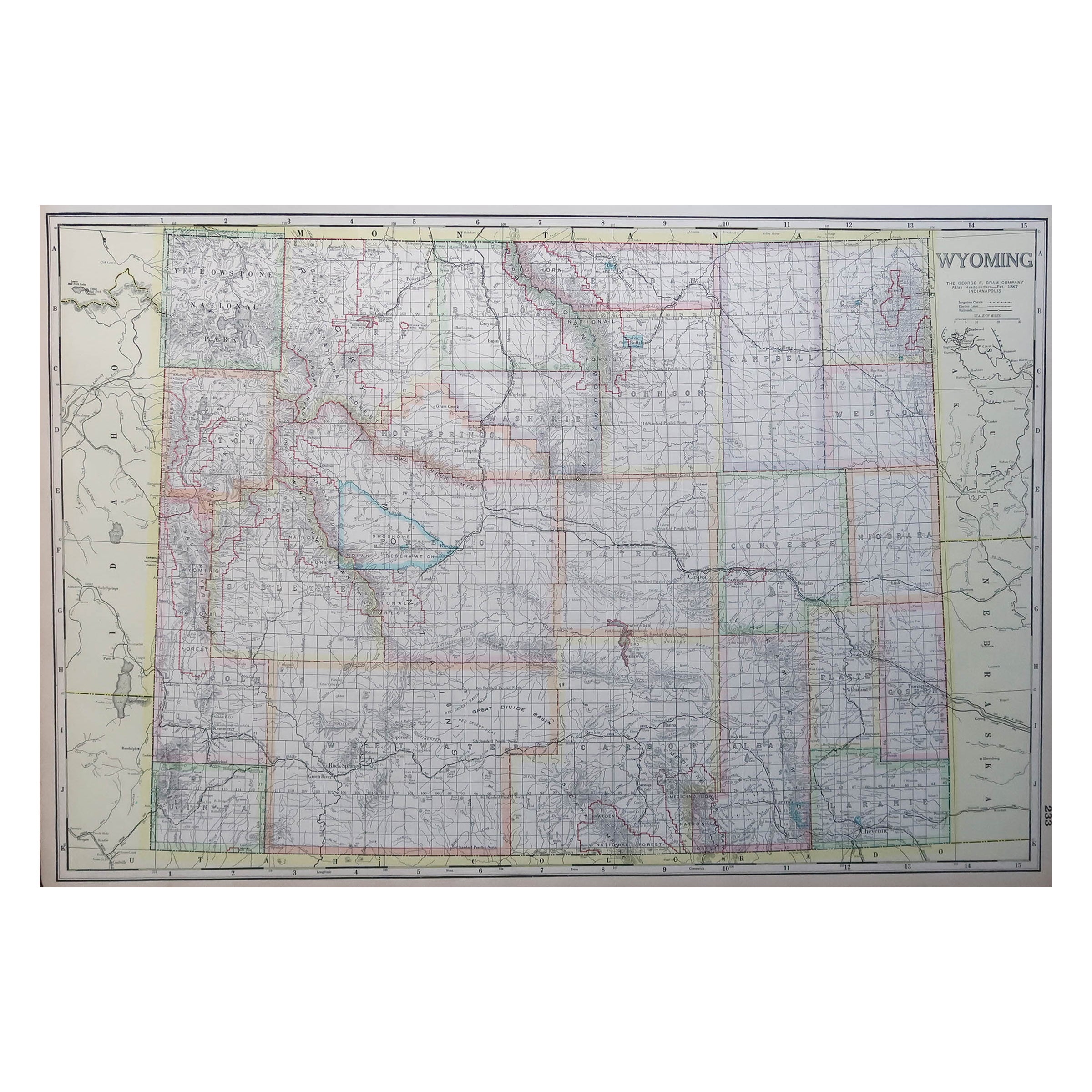 Large Original Antique Map of Wyoming, Usa, C.1900