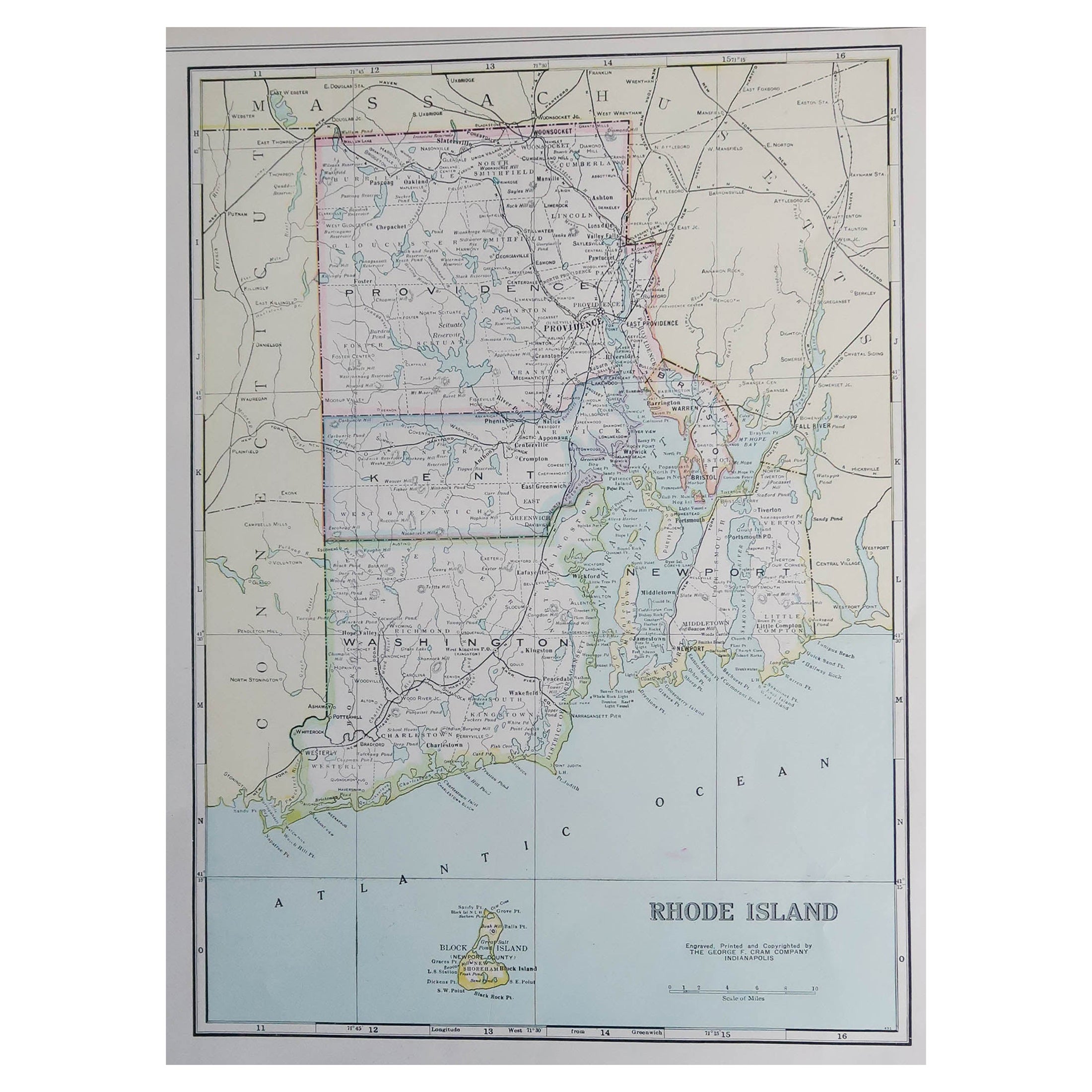 Grande carte ancienne d'origine de Rhode Island, États-Unis, vers 1900