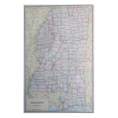 Large Original Antique Map of Mississippi, USA, C.1900