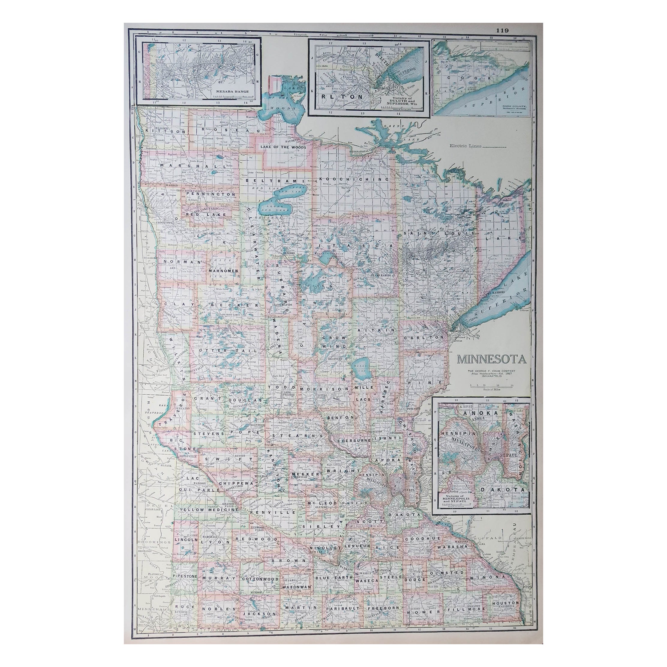 Large Original Antique Map of Minnesota, USA, C.1900 For Sale