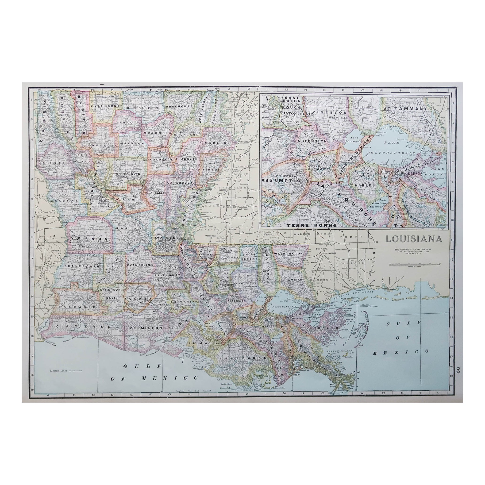 Large Original Antique Map of Louisiana, USA, C.1900