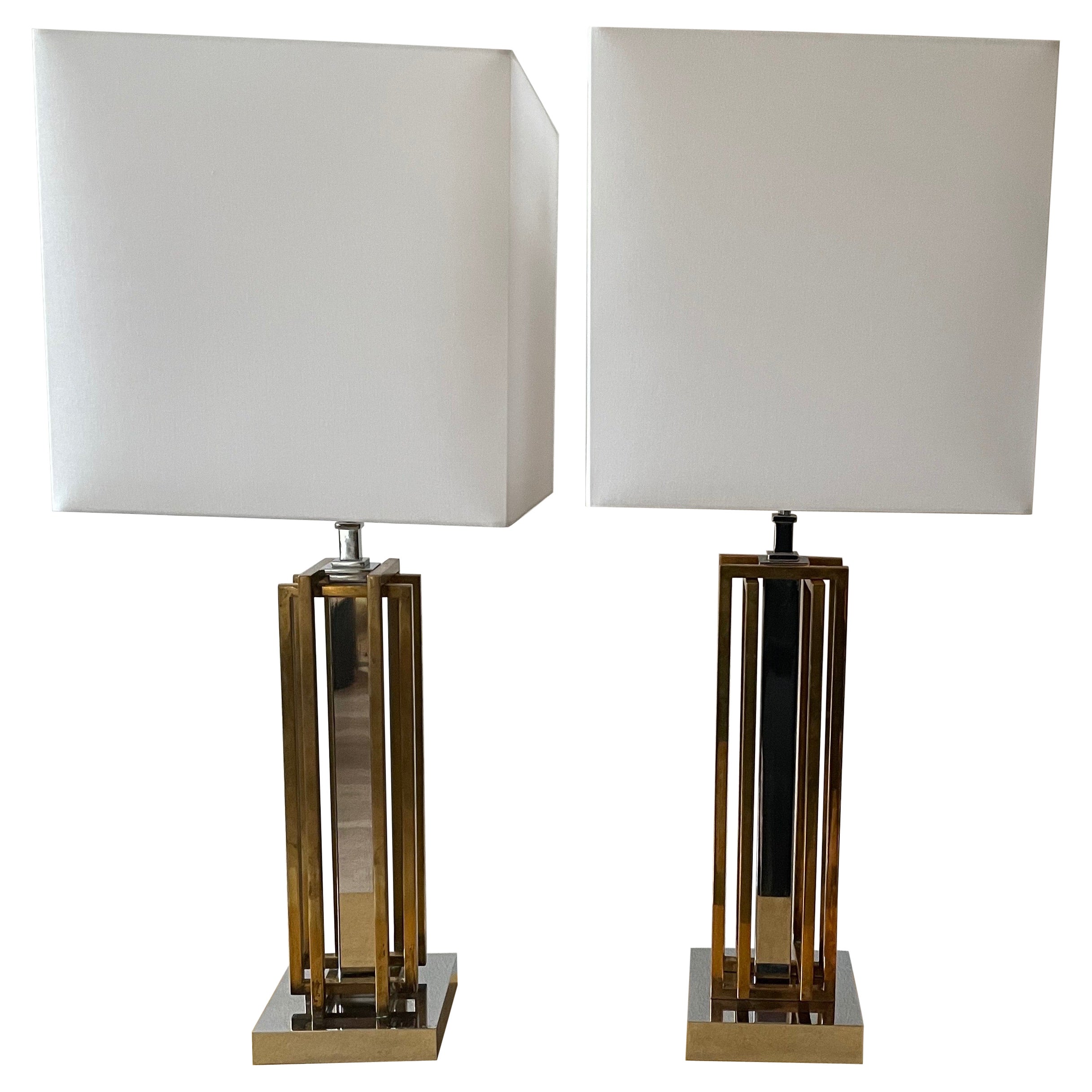 Pair of Geometric Brass and Chrome Table Lamps by Willy Rizzo, France, 1970 For Sale