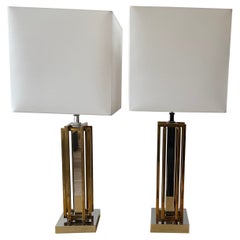 Pair of Geometric Brass and Chrome Table Lamps by Willy Rizzo, France, 1970