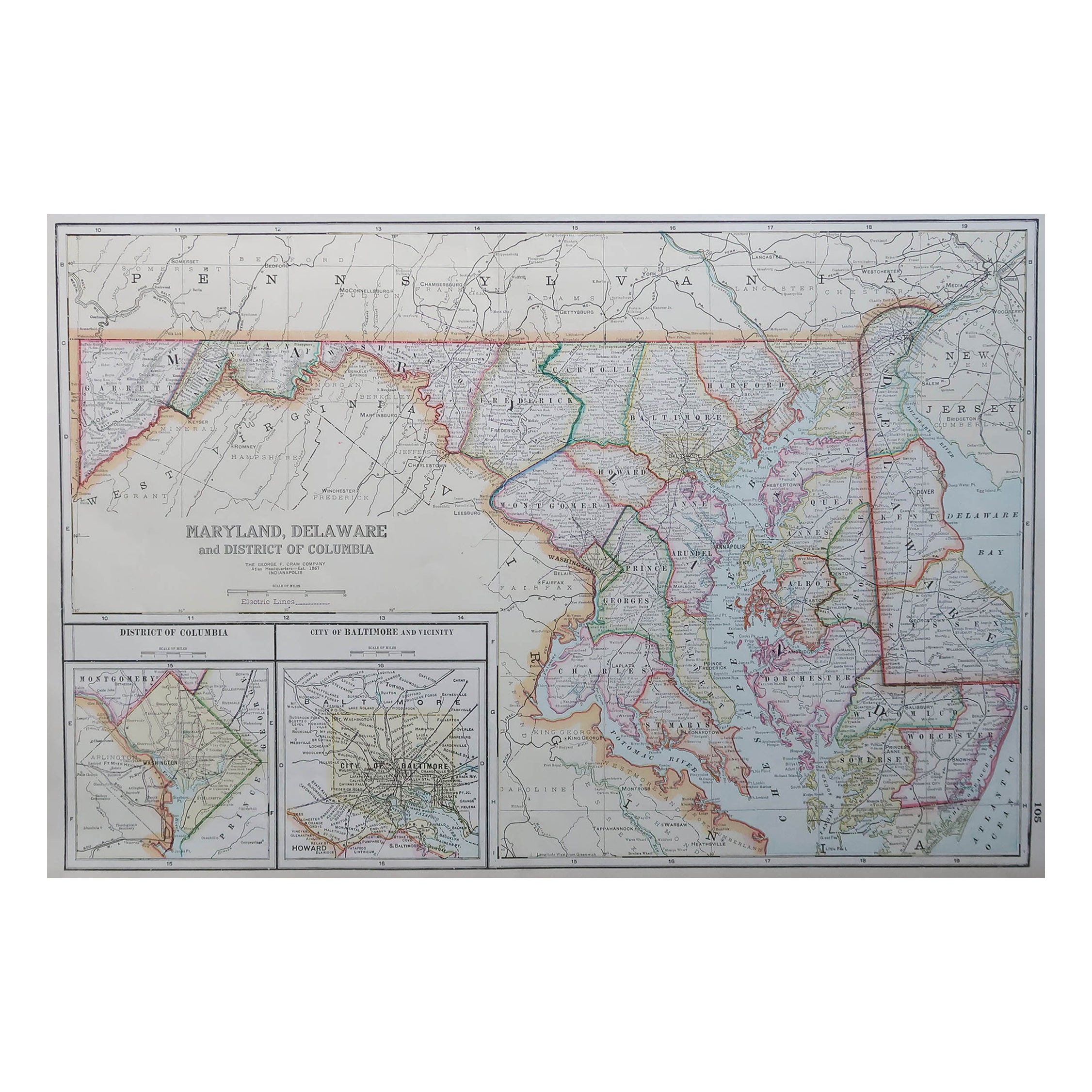 Large Original Antique Map of Maryland, Delaware & DC, USA, C.1900 For Sale