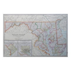 Grande mappa originale antica del Maryland, Delaware e DC, USA, 1900 ca.