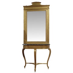 Table console en marbre de la fin du 19e siècle et miroir assorti en bois doré