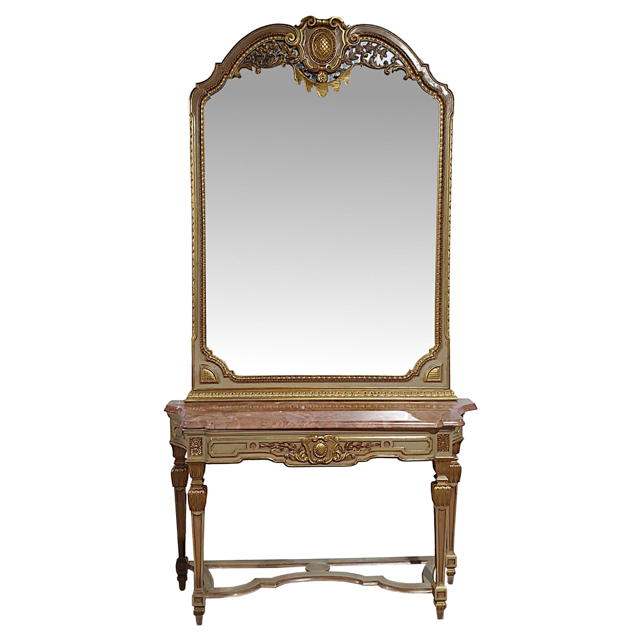 Very Fine Early 20th Century  Parcel Gilt Marble Top Console Table and Mirror