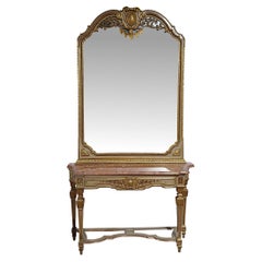 A  Très bien Début du 20e siècle  Parcel Table console et miroir à dessus en marbre doré