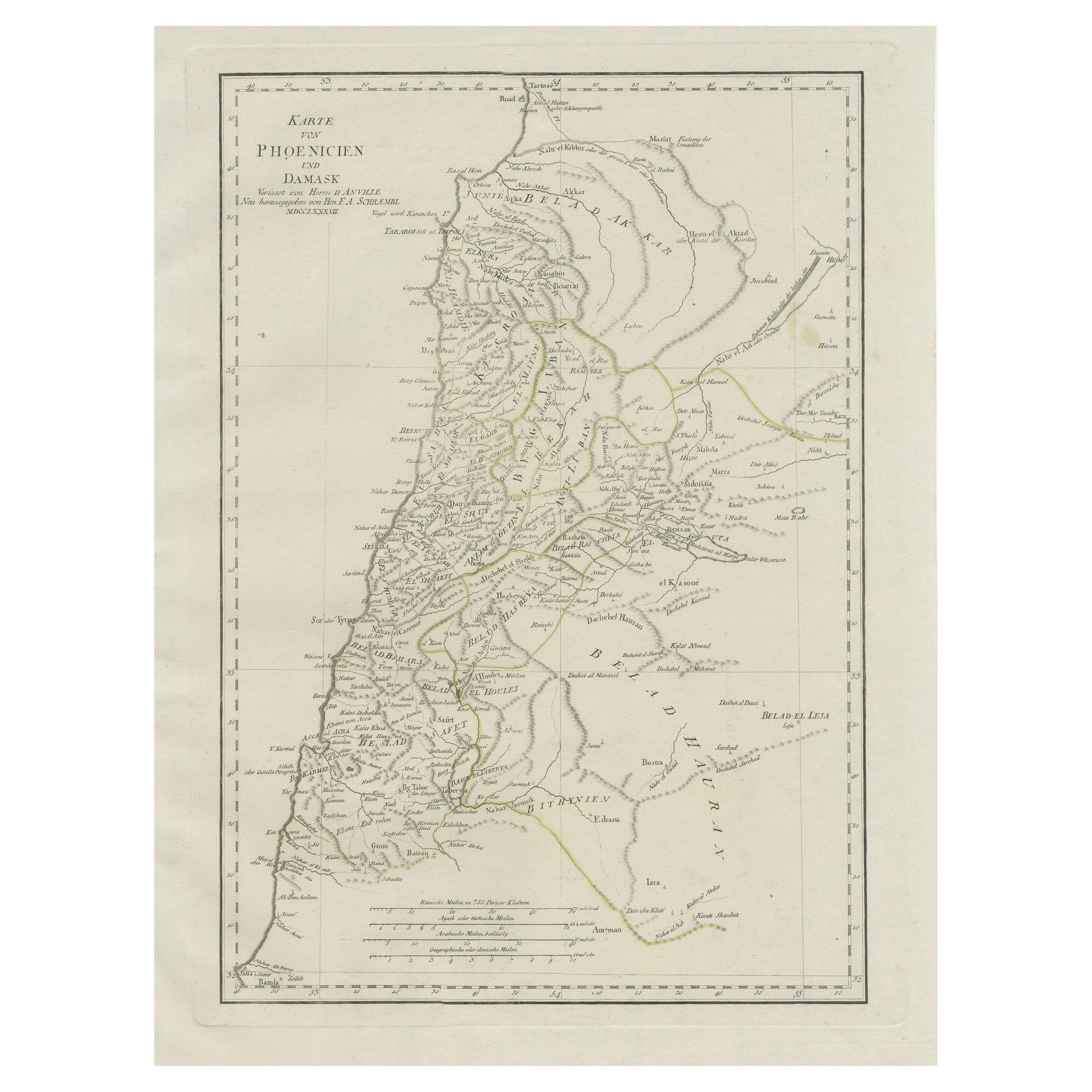Antique Map of Contemporary Phoenicia and Damascus, with Northern Palestine