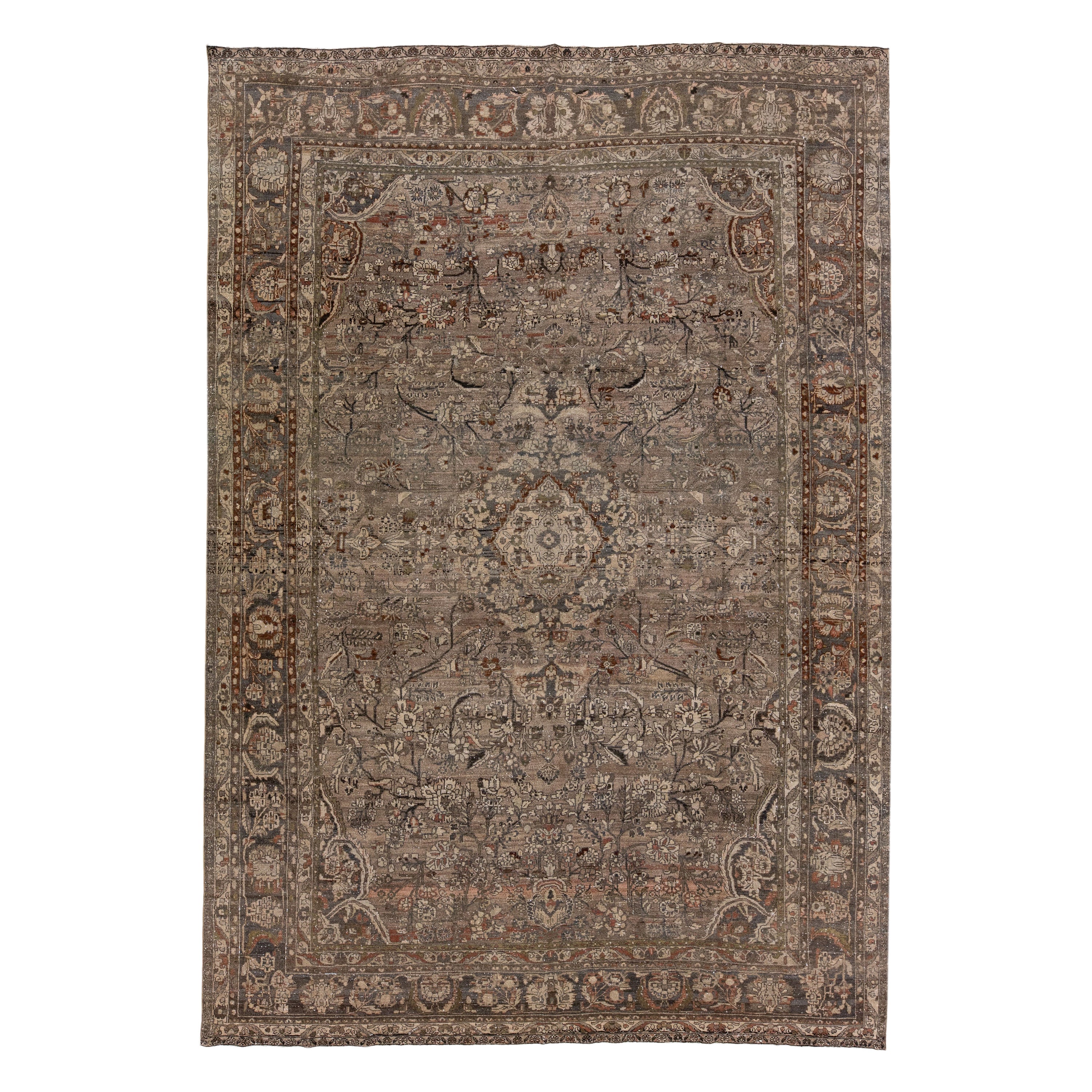 Brown Antique Persian Mahal Handmade Wool Rug with Medallion Motif For Sale
