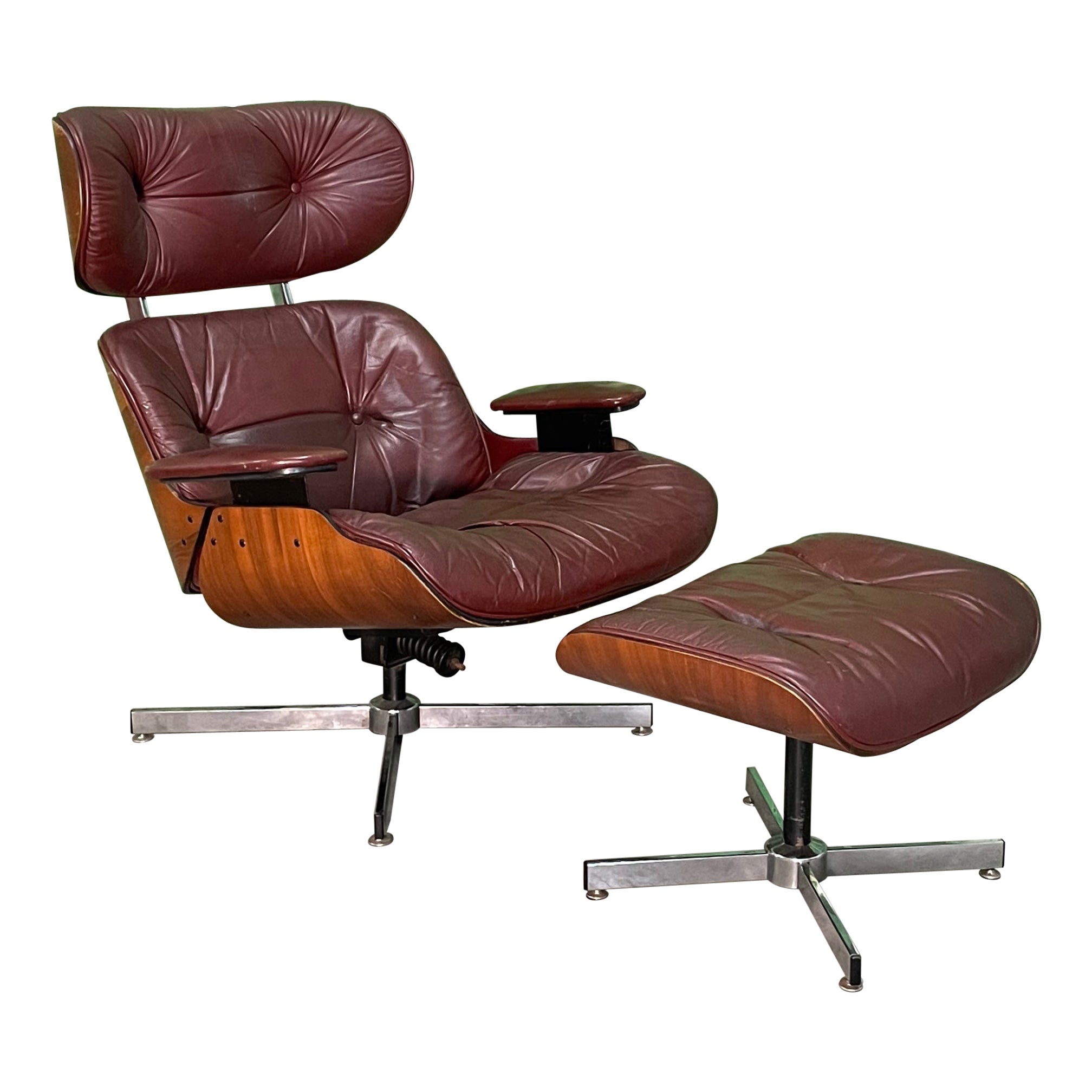 Eames Style Leather Lounge Chair and Ottoman in Oxblood