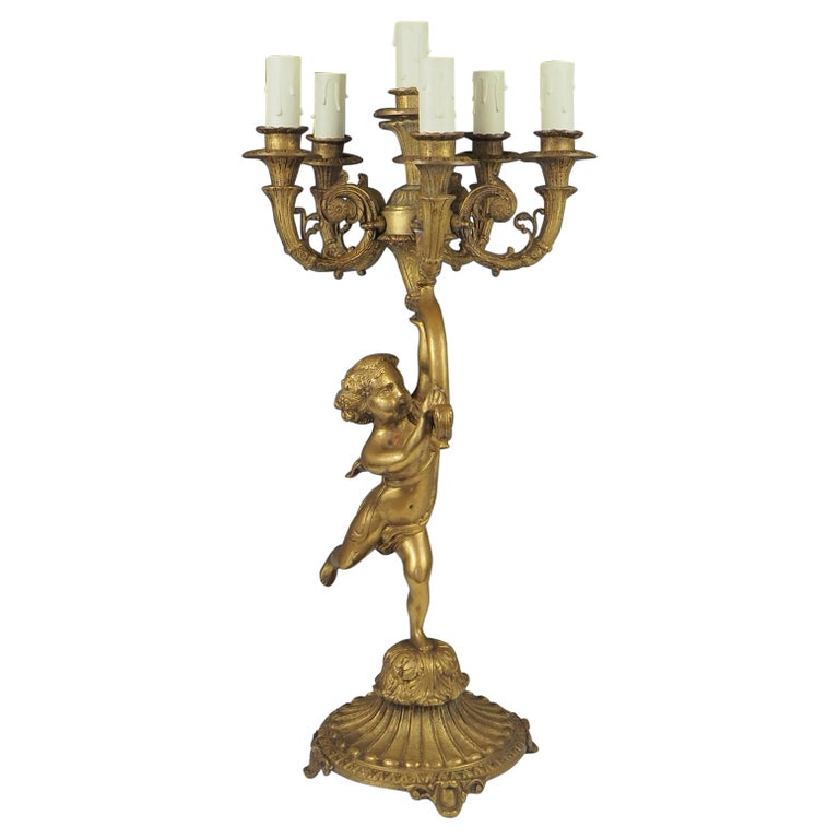 Antique Brass Cherub 6 Light Candelabra Lamp For Sale at 1stDibs