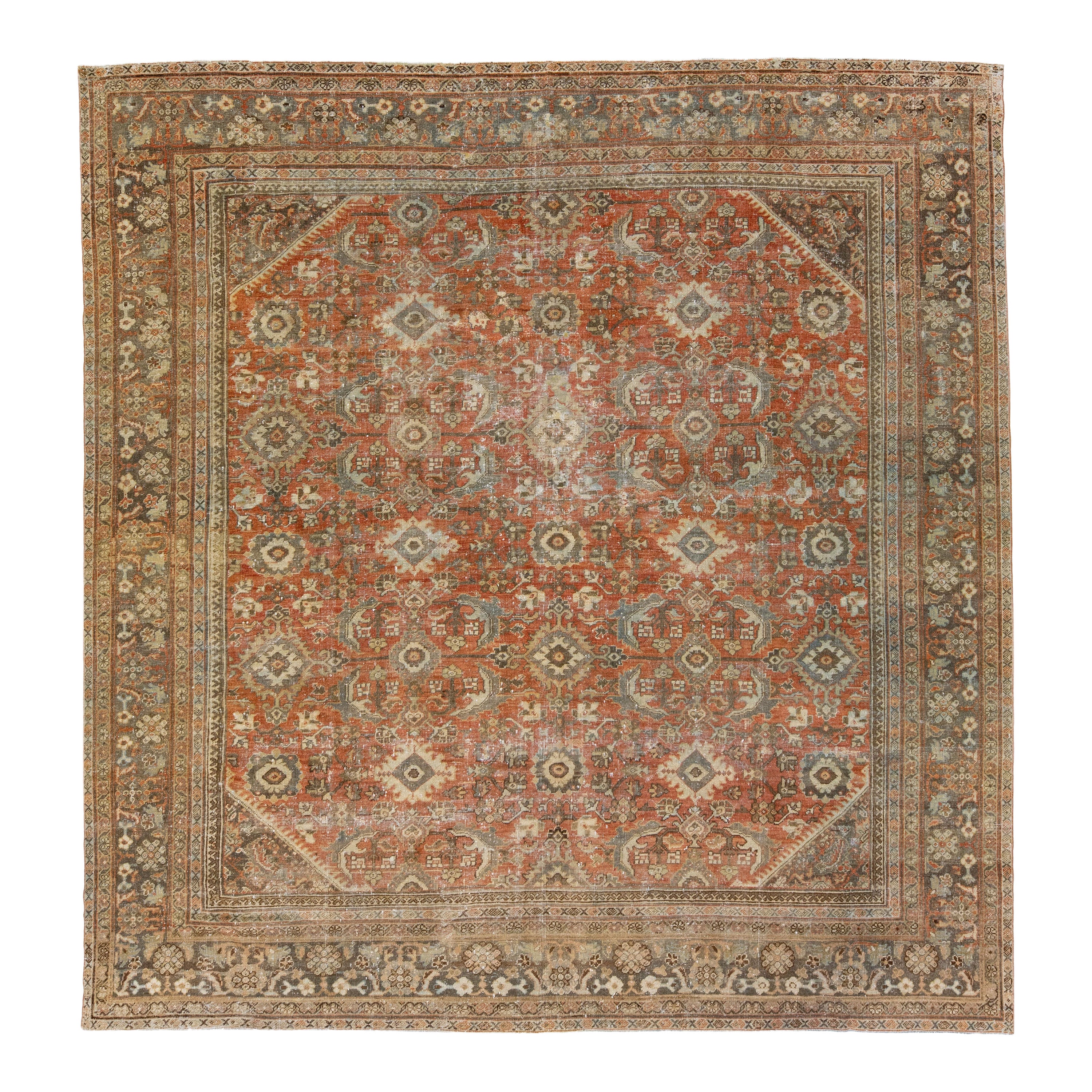  Tapis persan ancien Mahal carré en laine rouille fait à la main avec motif sur toute sa surface