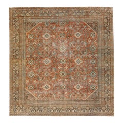 Rust Handmade Vintage Persian Mahal Square Wool Rug with Allover Motif