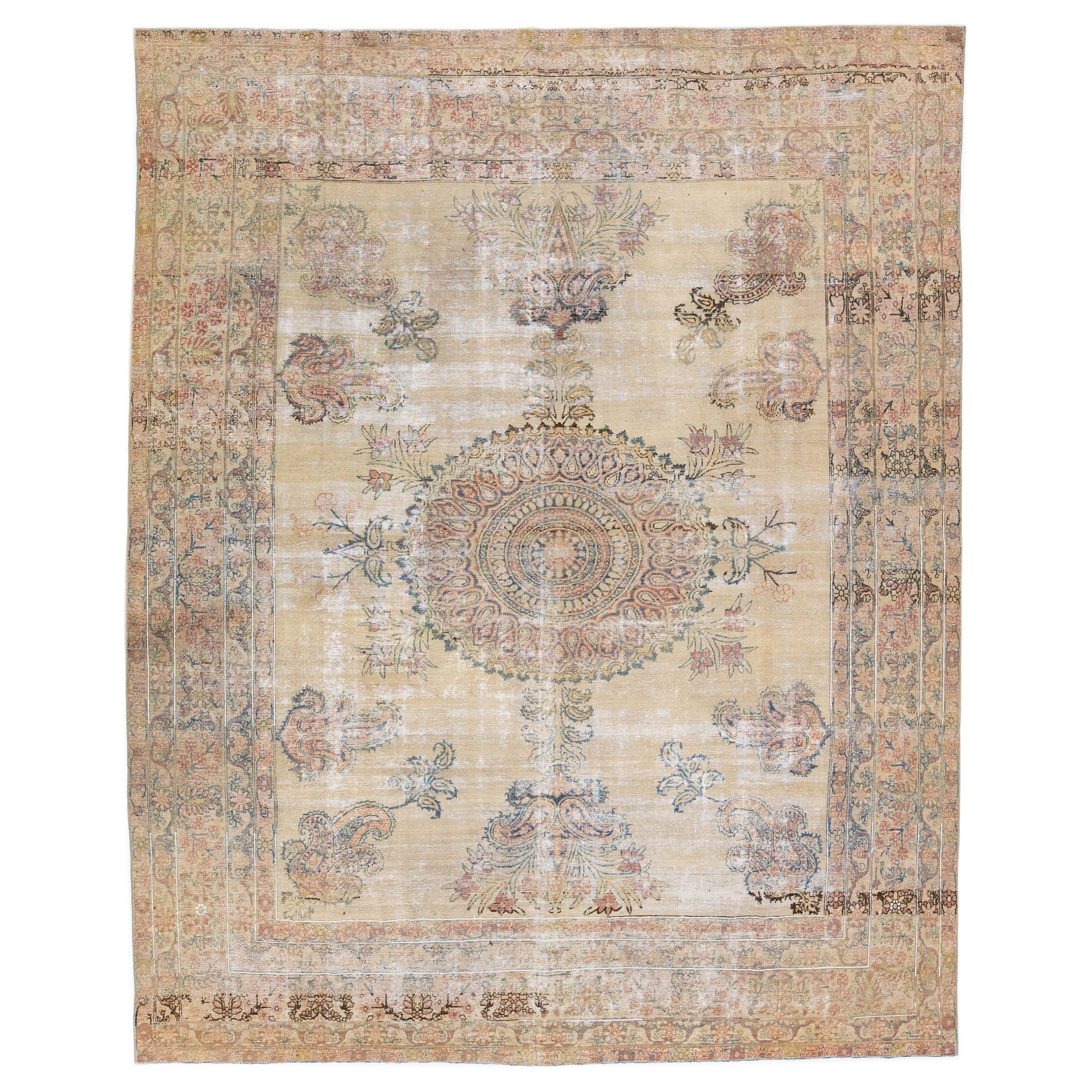 Handmade Antique Kerman Persian Wool Rug with Tan Field For Sale