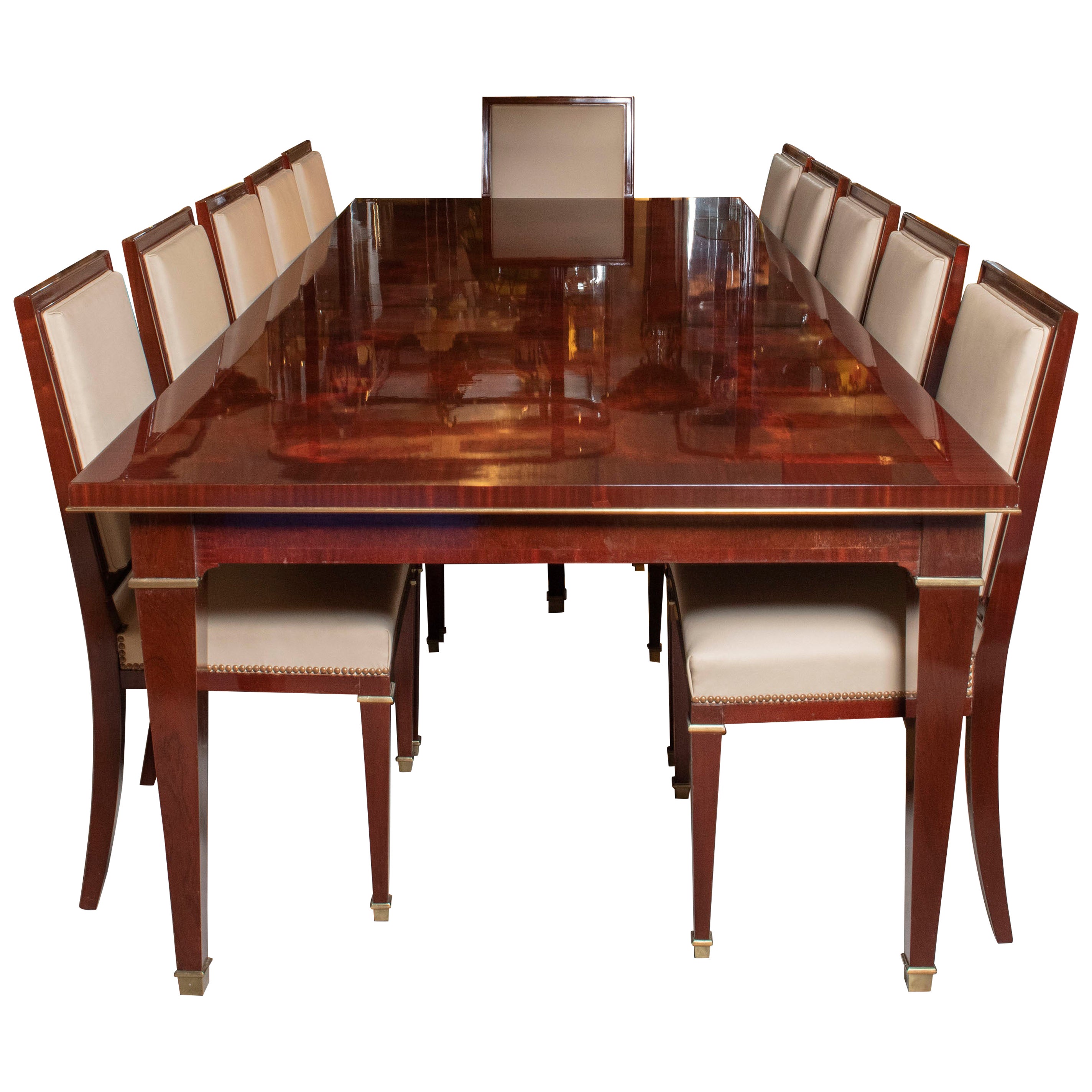 Wood, Leather and Bronze Dining Room Set for 12 People, Argentina, 1938 For Sale