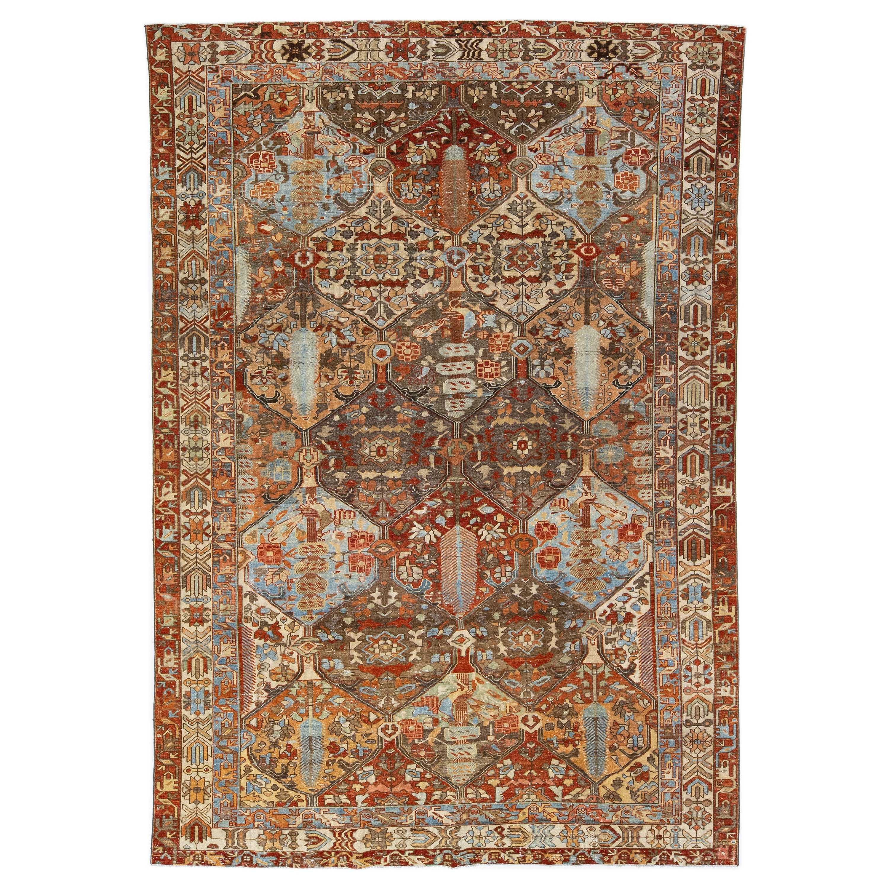 Antiker persischer Bakhtiari-Teppich aus handgefertigter Wolle mit mehrfarbigem Design, Allover