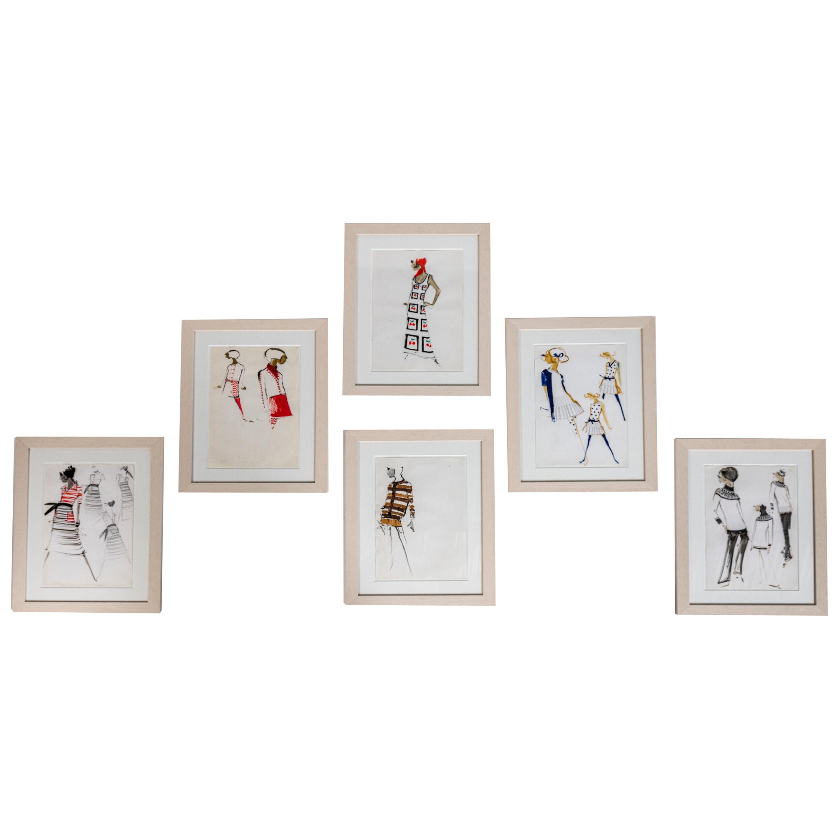 Set of Six Original Maison Balmain Gouaches from the 1970-1980 Collection For Sale