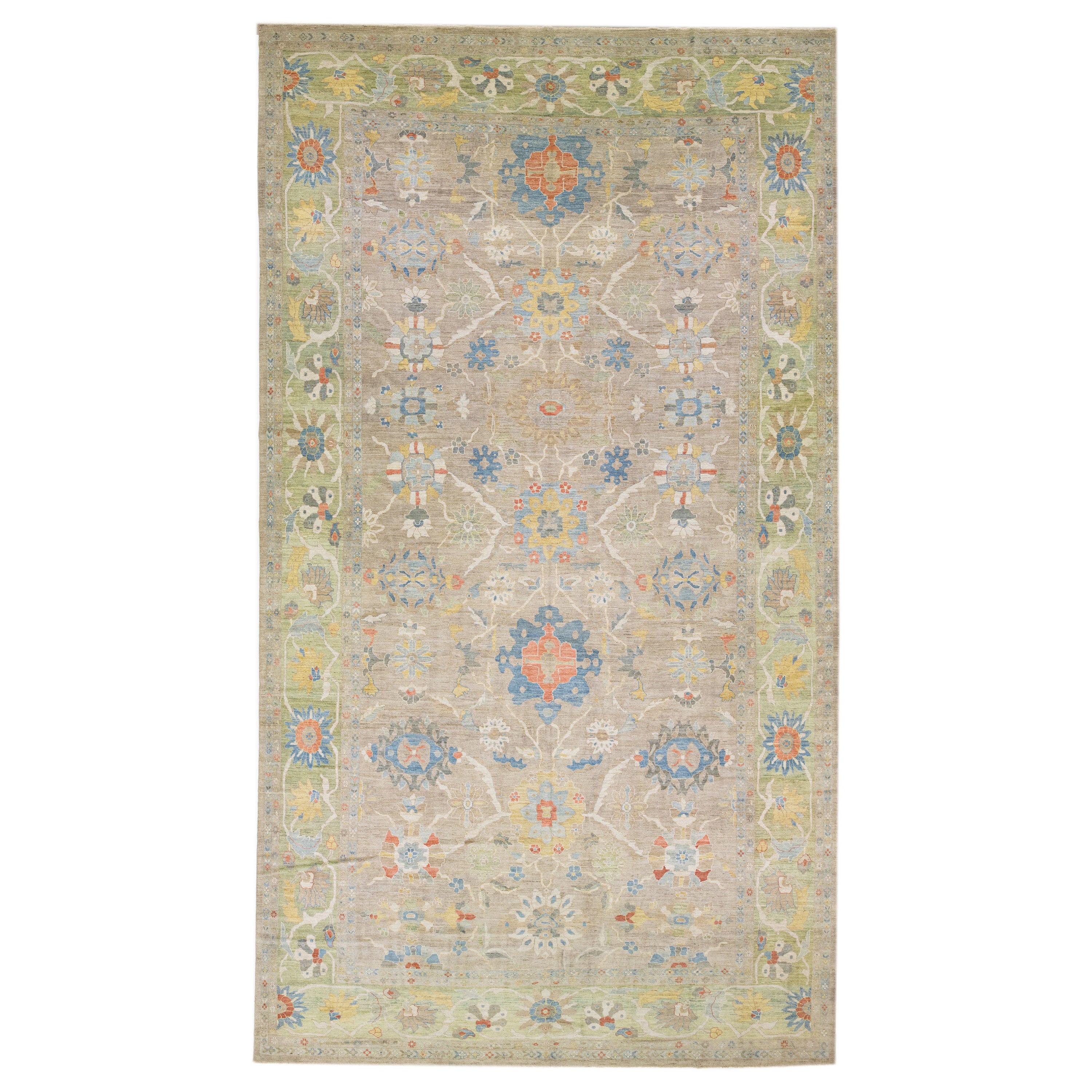 Alfombra moderna de lana Sultanabad Rugs con motivos florales, hecha a mano en color tostado