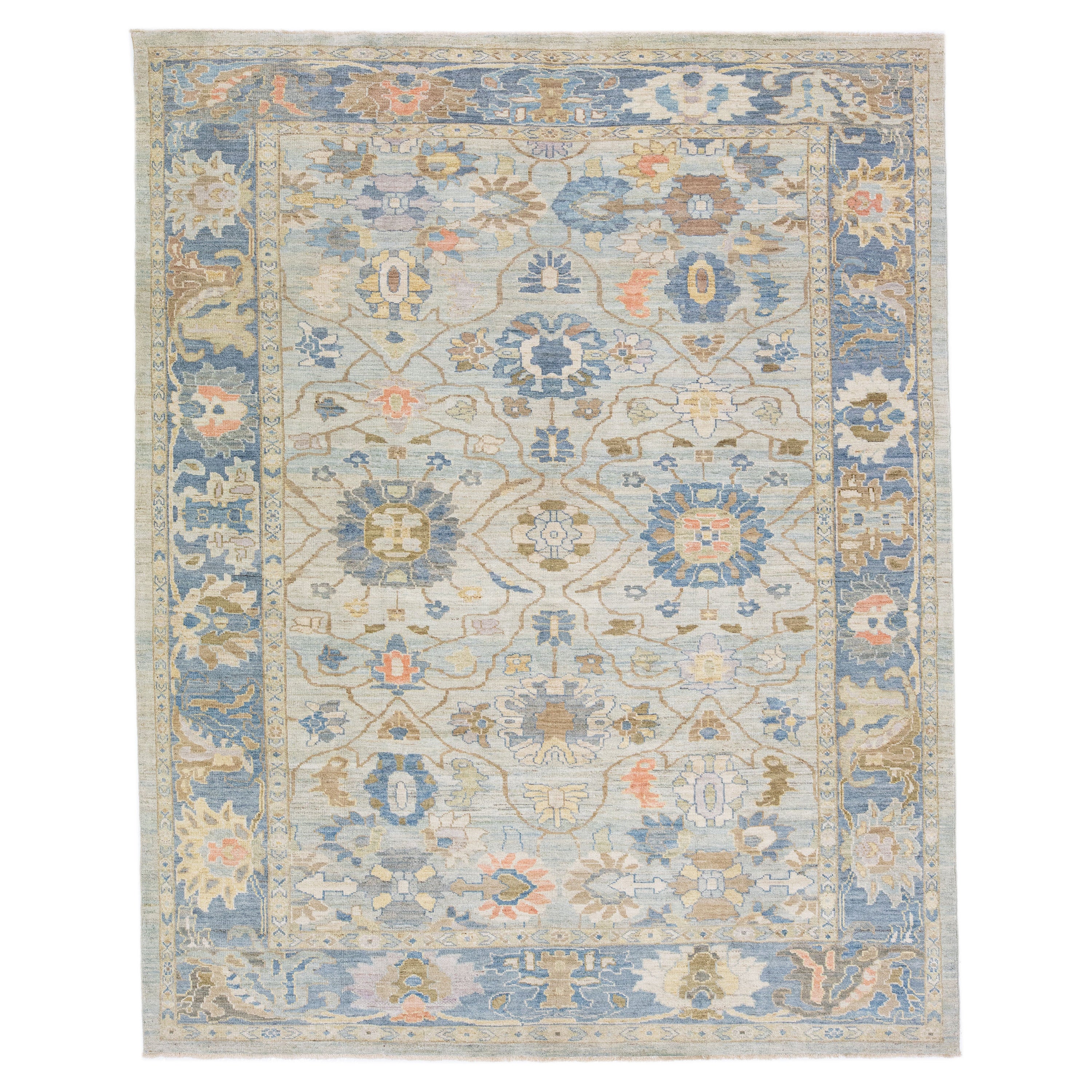 Bleu clair moderne  Tapis en laine à motifs floraux Sultanabad 