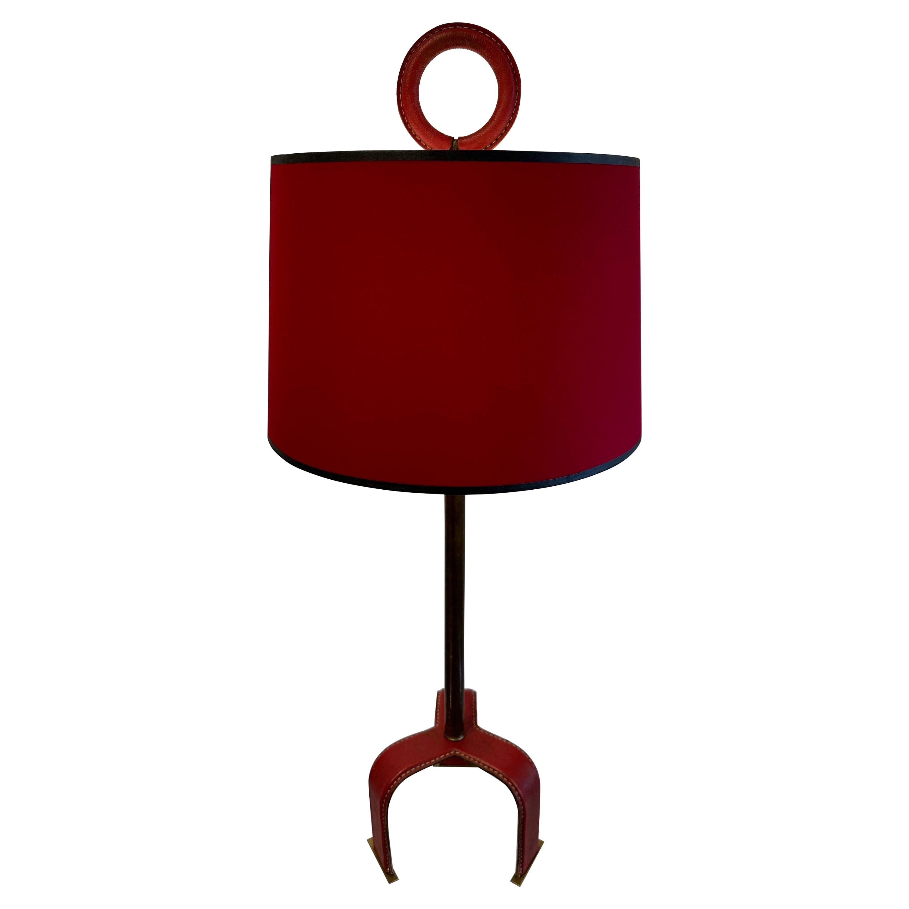 Distinctive Vintage Jacques Adnet style Red Stitched Leather Tall Table Lamp For Sale