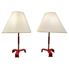 Vintage Pair of Jacques Adnet Red Stitched Leather Table Lamps, 1950's France