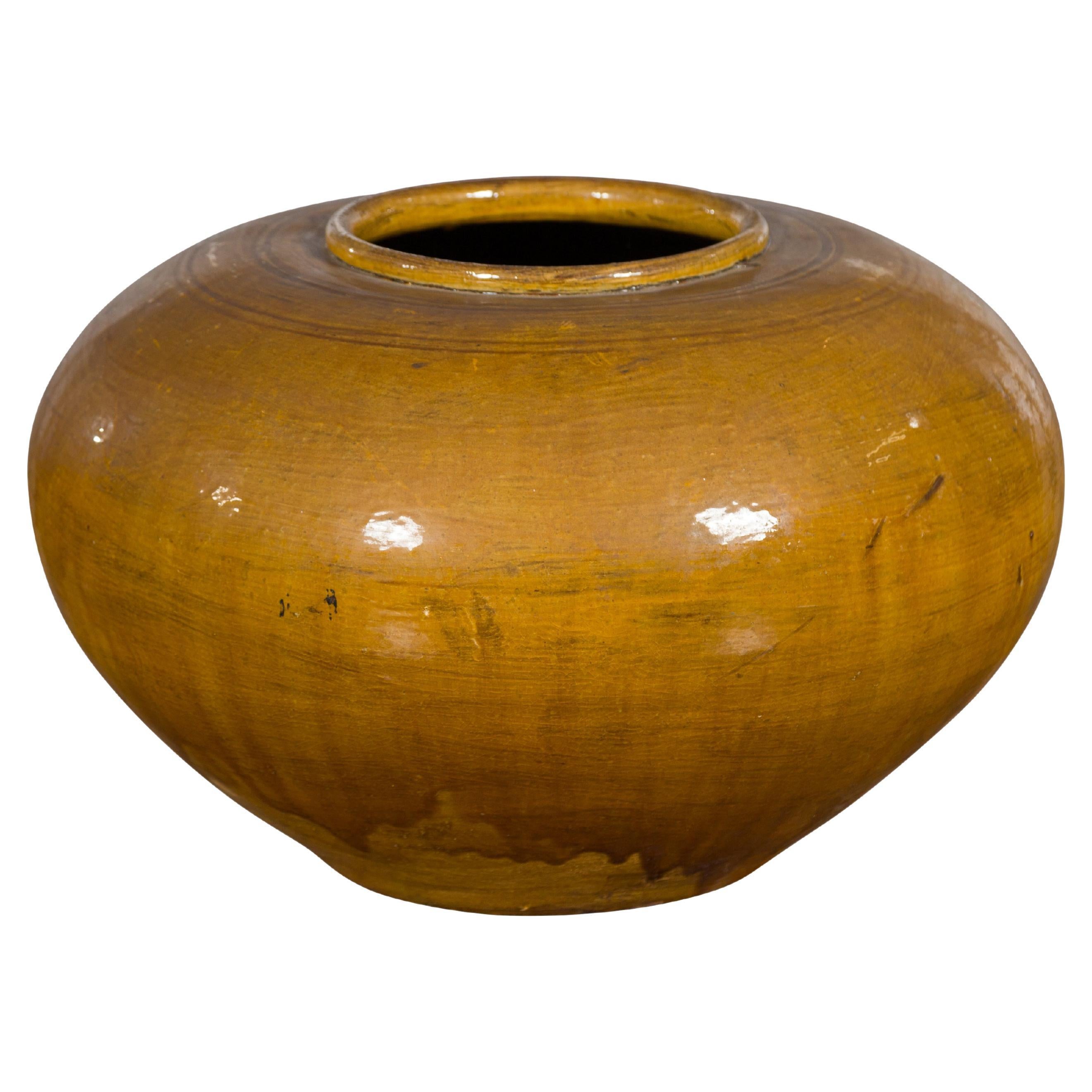 Vintage Porcelain Low Squat Planter with Yellow Mustard Glaze