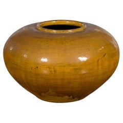 Vintage Porcelain Low Squat Planter with Yellow Mustard Glaze