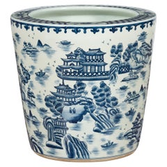 Vintage Porcelain Cache-Pot Planter with Blue and White Landscape
