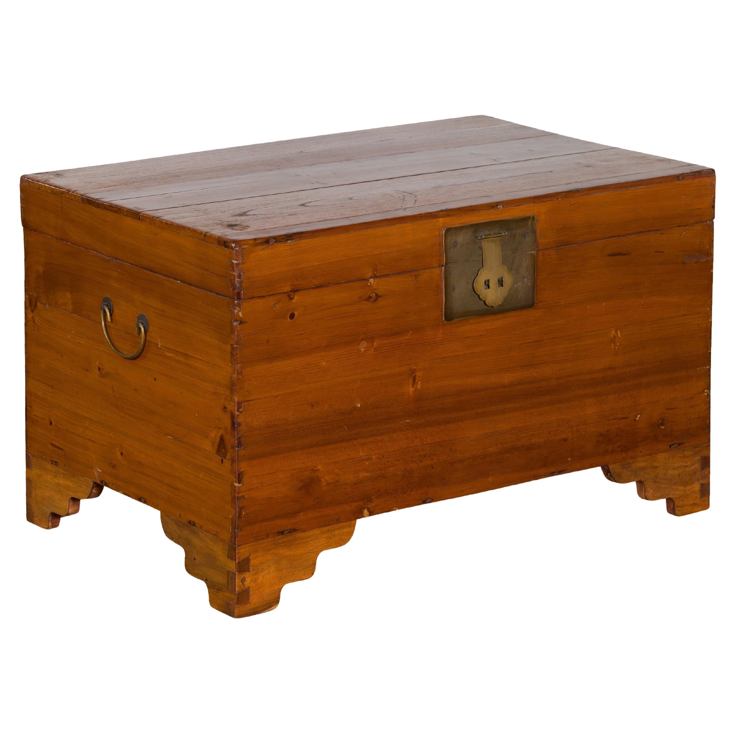 Late Qing Dynasty Pine Chest with Brass Hardware and Bracket Feet