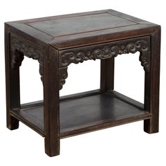 Late Qing Dynasty 1900s Stool with Cloud-Carved Apron and Lower Shelf