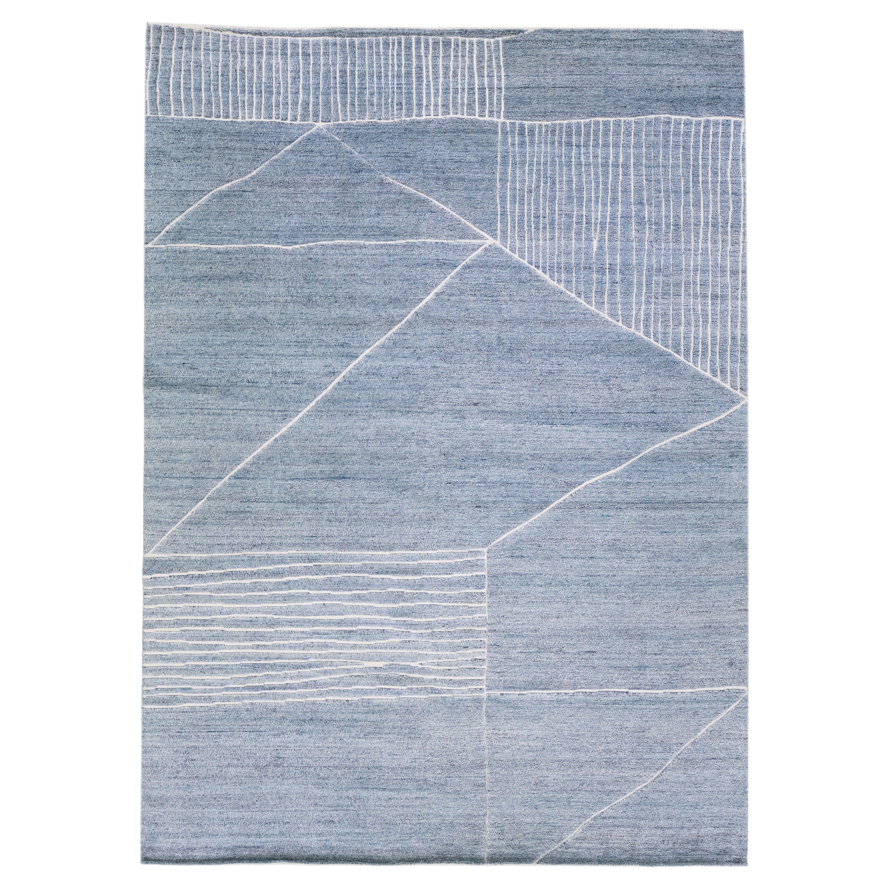 Abstract Modern Moroccan Style Handmade Wool Rug In Light Blue by Apadana For Sale