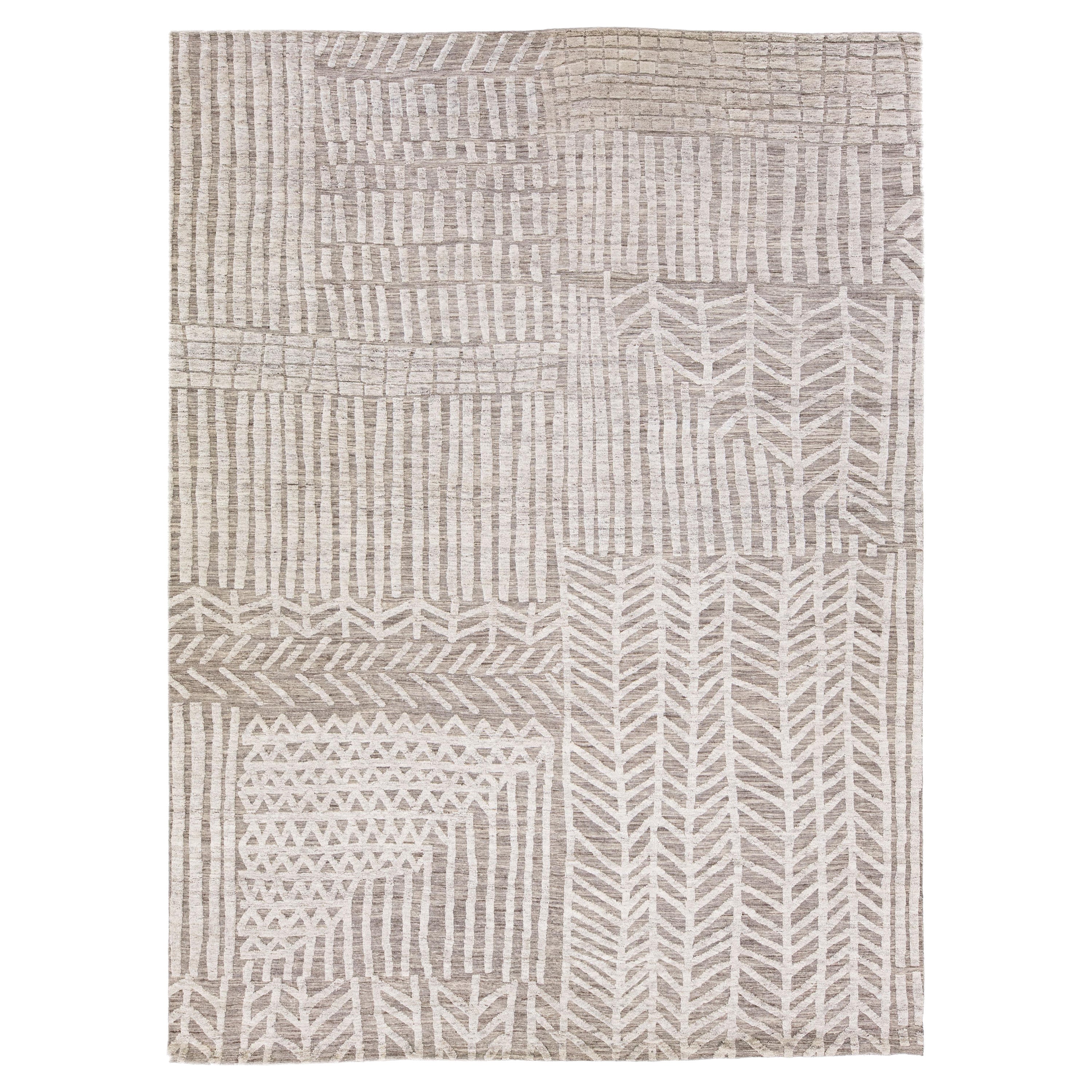 Abstract Modern Moroccan Style Handmade Gray Wool Rug by Apadana For