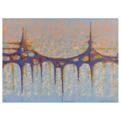 Abstract Mid-20th Century Peacock Bridge Serigraph