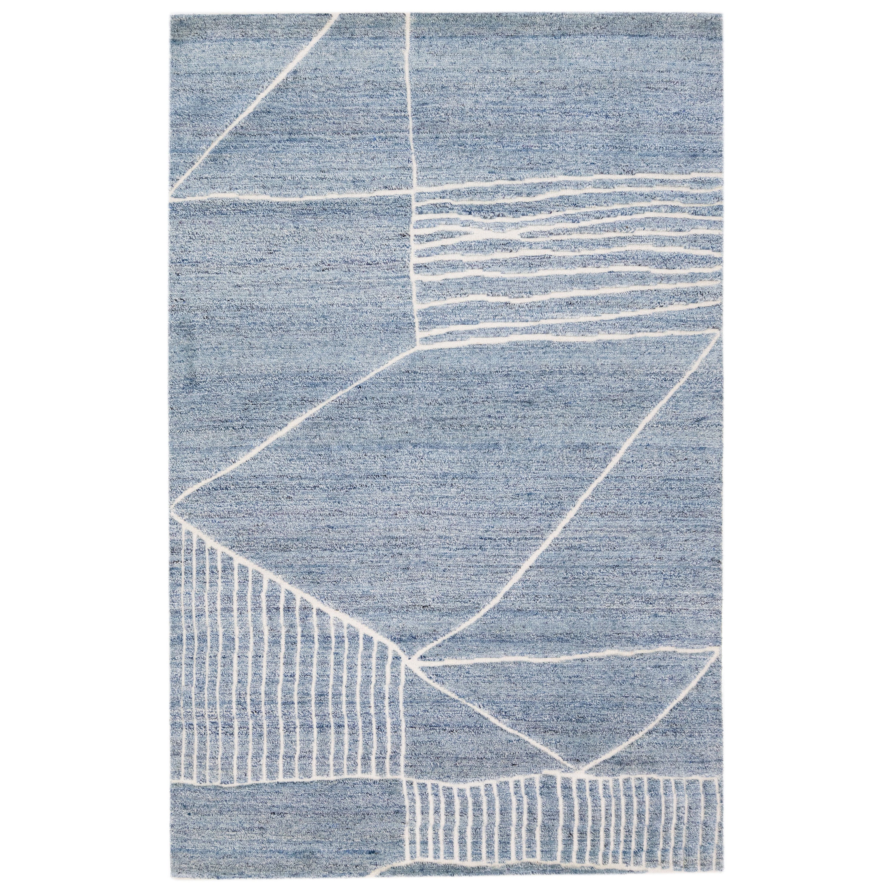 Modern Moroccan Style Blue Handmade Wool Rug with Geometric Motif by Apadana