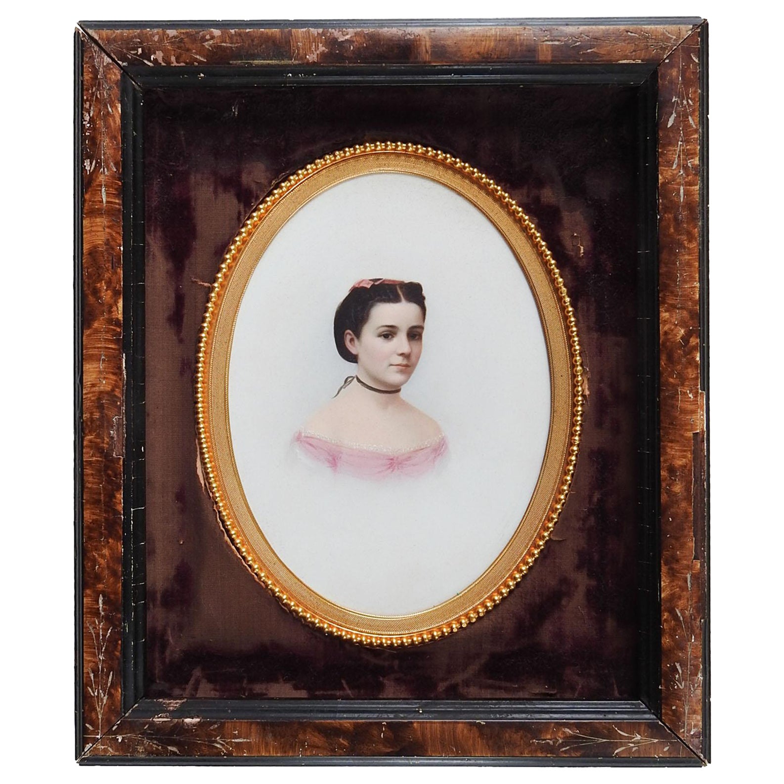 Antique Hand Colored Opalotype Portrait Photograph on Glass For Sale