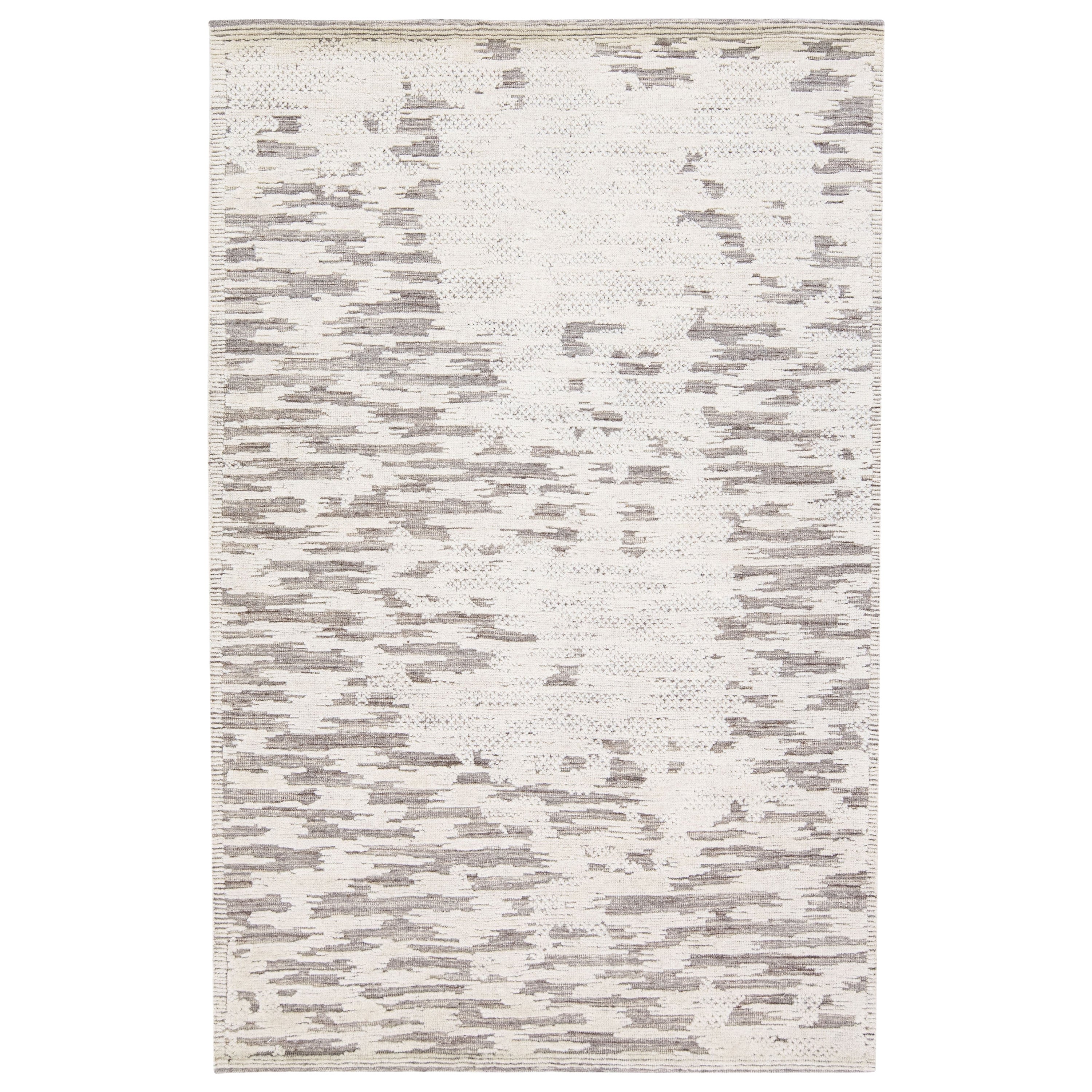 Modern Handmade Abstract Moroccan Style Wool Rug in Beige by Apadana For Sale