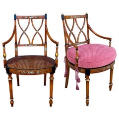 Early Adam Style Satinwood Painted and Caned Bergere Chairs - Pair
