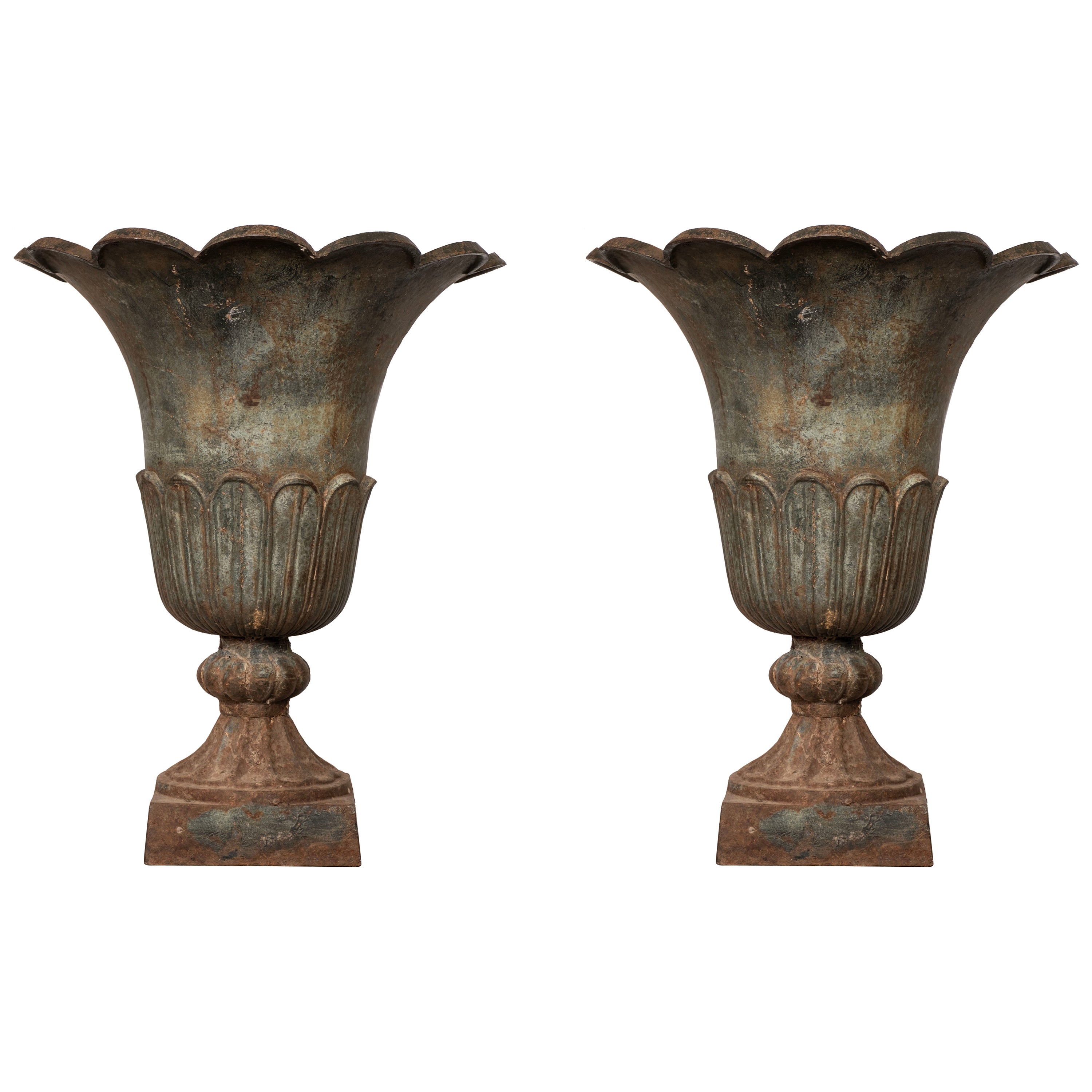 Monumental Pair of French Art Deco Cast Iron Garden Urns or Planters
